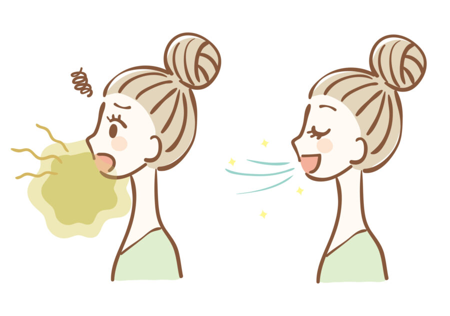 Illustraton of a woman with bad breath next to the same woman with fresh breath after treatment, dentist in wynne