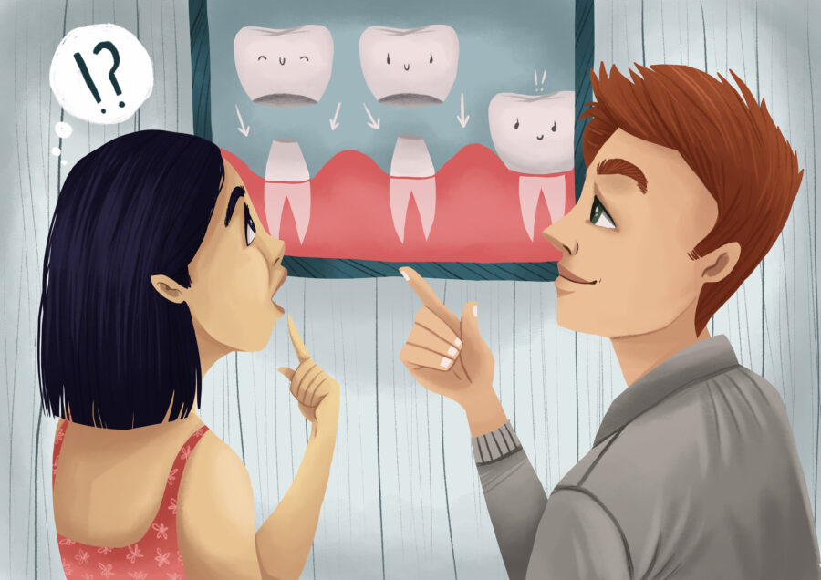 Graphic illustration of a woman discussing dental crowns with a man at the dentist. dentist in Wynne