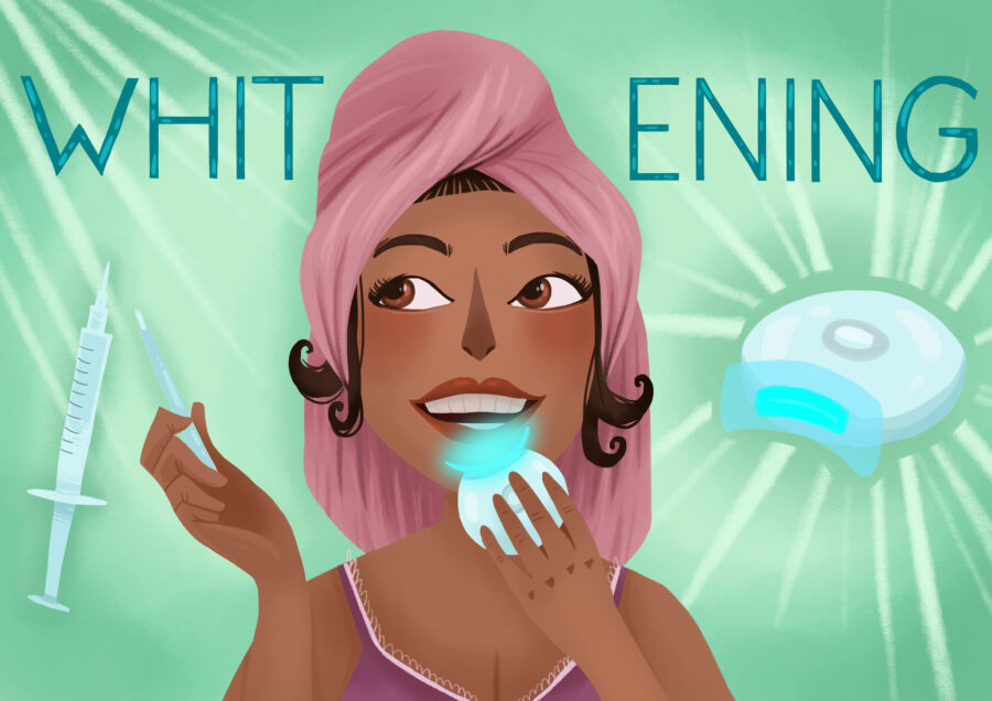 Graphic illustration of woman with DIY teeth whitening options, dentist in Wynne